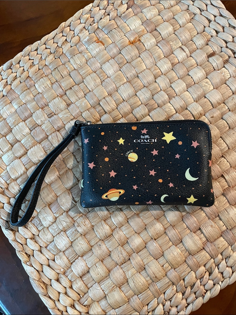 COACH Black Cosmic Wristlet with Colorful Star & Planet Print EUC Card Slots